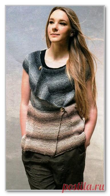 Вязание спицами. Описание женской модели со схемой и выкройкой. Жилет на кокетке, из пестрой меланжевой пряжи. Размер: 36(38)40(42)44