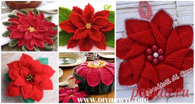 Crochet Poinsettia Christmas Flower Free Patterns Crochet Poinsettia Christmas Flower Free Patterns: Poinsettia Christmas Star, Crochet Poinsettia Pot Holder, Hot Pad, Flower Bouquet, Square Scarf, Blanket