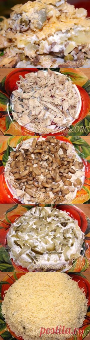Слоеный салат с курицей и шампиньонами. Рецепт с фото