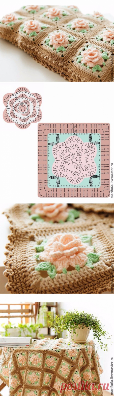 ВЯЖЕМ КРАСИВЕЙШИЙ МОТИВ С РОЗАМИ КРЮЧКОМ. МАСТЕР-КЛАСС, СХЕМА