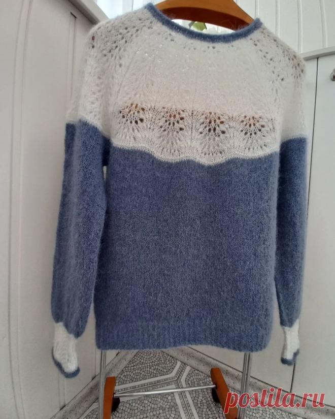 Схема круглой кокетки красивого пуловера от vasilievanadezda

Пуловер связан из бобинной итальянской пряжи Luxury Selection Alphair Baby 950м/100 г в две ниточки (в составе: 70% альпака, 30 па), цвет Лазурный. К сожалению, реально цвет не передался, он более припыленный, не такой яркий
Белая пряжа Luxury (артикул не сохранился) 1000м/100г, 37% мохер, 35%альпака, 28%па
Моя любимая круглая кокетка сверху, без швов и узелков. Связано на спицах 3,5мм- основа, 3,0 мм- резинка, ...