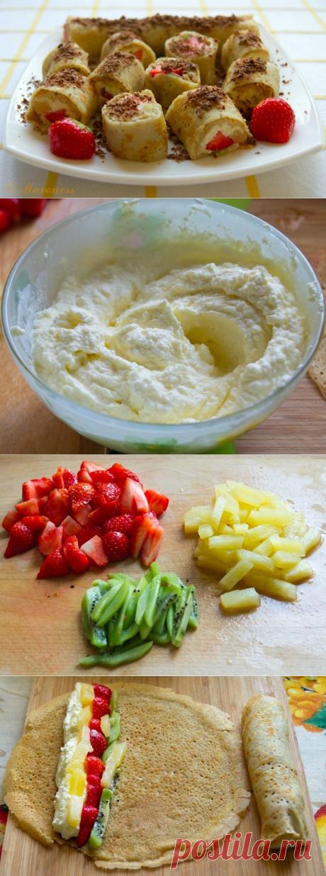 Как приготовить вкусные и лёгкие сладкие роллы с творожно-фруктовой начинкой  - рецепт, ингридиенты и фотографии