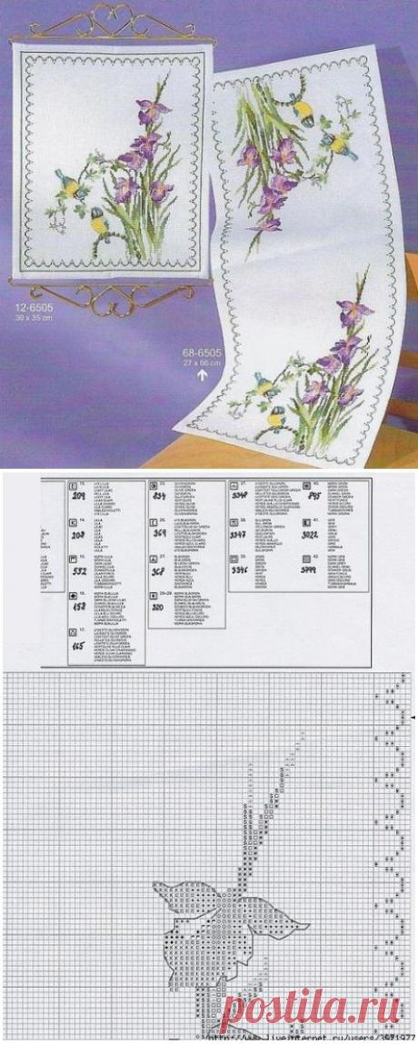 Ирисы с синичками / Вышивка крестом / В рукоделии