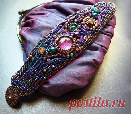 Shibori bracelet, bead embroidered jewelry, purple passion, purple teal blue…