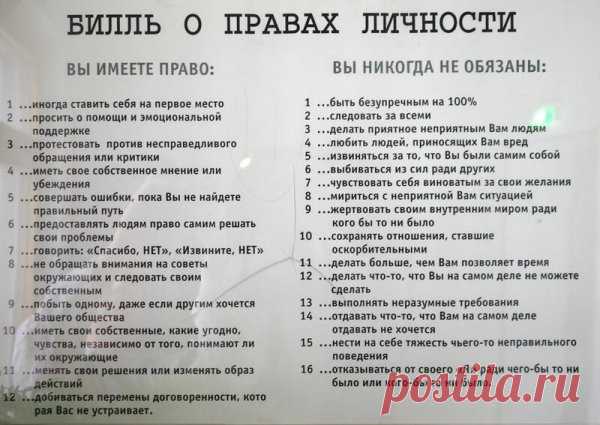 БИЛЛЬ О ПРАВАХ ЛИЧНОСТИ
У каждого человека есть его юридические, официальные права: право на собственность, на неприкосновенность своего жилища, право на голосование и другие важные права. Однако у каждого из нас есть и неофициальные, личные права. Защищая свои личные права, мы можем рассчитывать только на себя и свои собственные возможности, а для этого свои личные права нужно в первую очередь знать. Заявляя о своих личных правах, помните: они есть и у остальных людей. Уч...