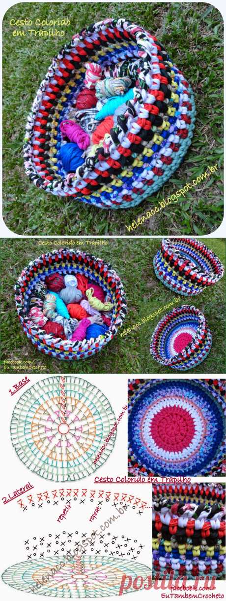 EU TAMBÉM CROCHETO...: Cesto Colorido em Trapilho