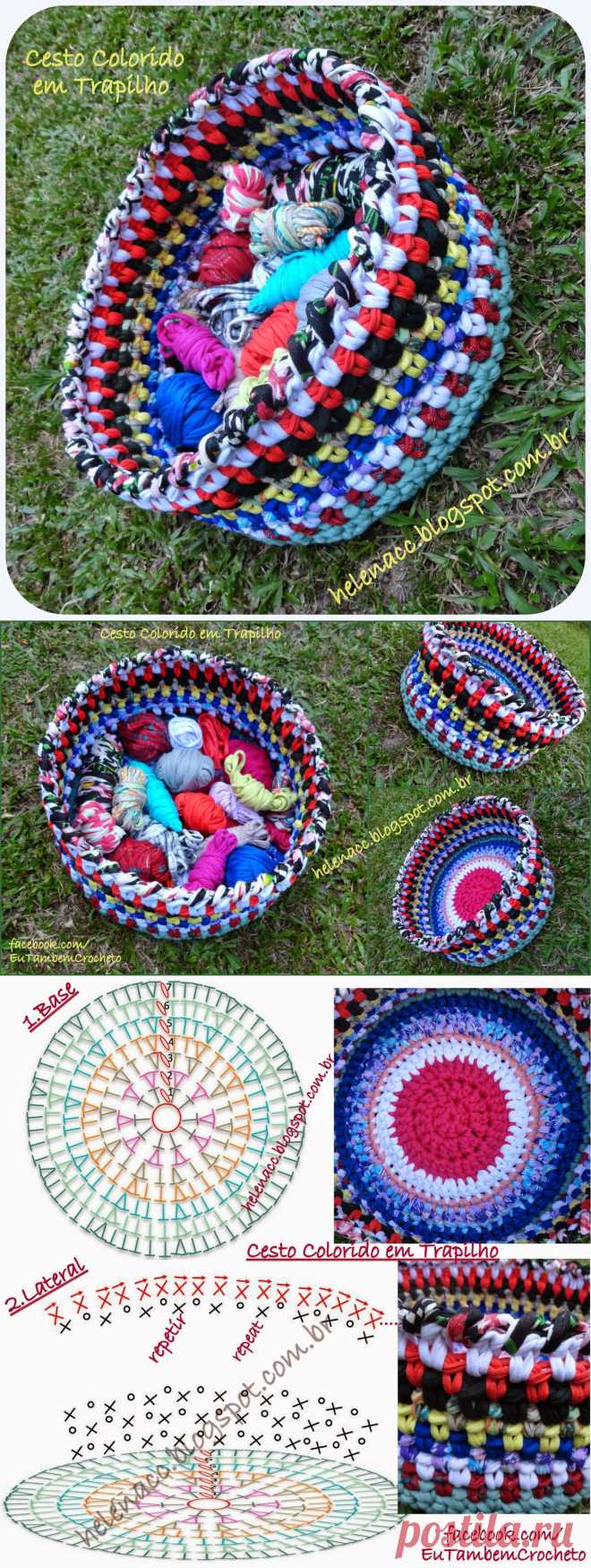 EU TAMBÉM CROCHETO...: Cesto Colorido em Trapilho
