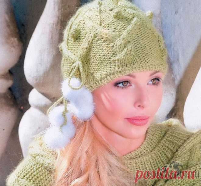 Зеленая шапка спицами