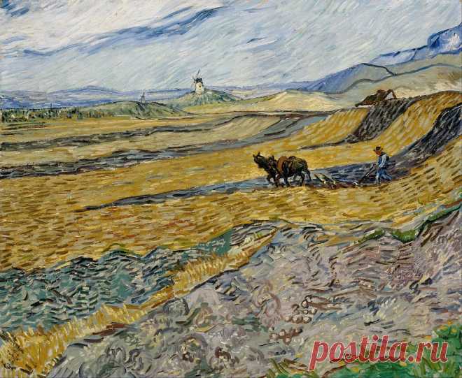 Поле с пахарем и мельница. Винсент Ван Гог. Описание картины.