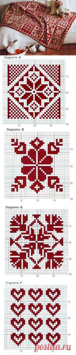Яркий плед из квадратов, связанных двуцветными орнаментами — Рукоделие