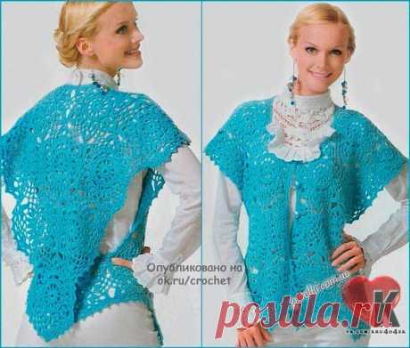 #Шаль - трансформер крючком.
Для размера 48-50 будет необходимо:
- 500 г бирюзовой пряжи (акрил 100%);
- крючок №4;
- 4 пуговицы.

Модель состоит из шестиугольных мотивов (рис.26) и полумотивов (сх.А), соединенных между собой в процессе вязания последнего ряда. 
Вяжите, формируя единое полотно изделия из отдельных фрагментов в соответствии с рисунком 26. 
Мотив, располагающийся в середине детали пояса спинки, выполните по схеме Б. 
Вырез горловины и борта полочек обвязать ...