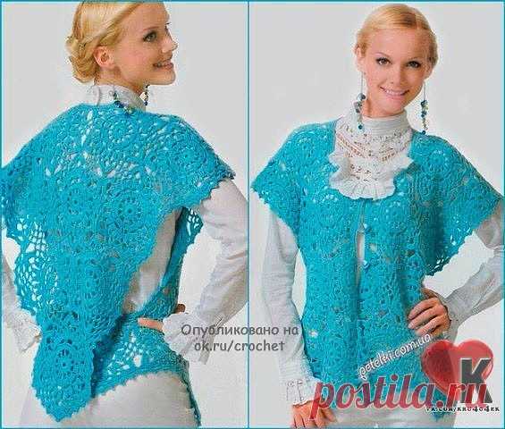 #Шаль - трансформер крючком.
Для размера 48-50 будет необходимо:
- 500 г бирюзовой пряжи (акрил 100%);
- крючок №4;
- 4 пуговицы.

Модель состоит из шестиугольных мотивов (рис.26) и полумотивов (сх.А), соединенных между собой в процессе вязания последнего ряда. 
Вяжите, формируя единое полотно изделия из отдельных фрагментов в соответствии с рисунком 26. 
Мотив, располагающийся в середине детали пояса спинки, выполните по схеме Б. 
Вырез горловины и борта полочек обвязать ...