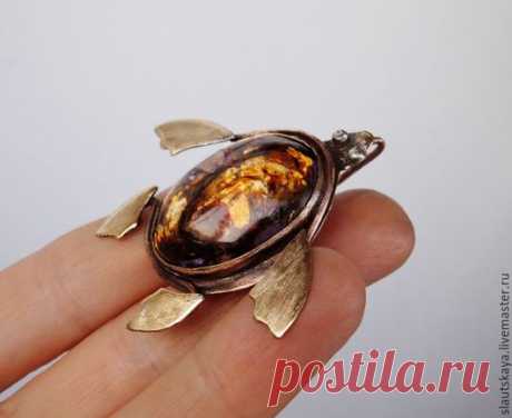 Купить Брошь "Морская черепашка"(медь. латунь, варисцит) - золотой, брошь ручной работы, брошь