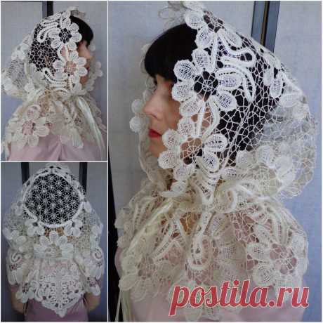 Платок донской для храма .Сплетён на коклюшках.Нитки хлопок молочного  цвета.