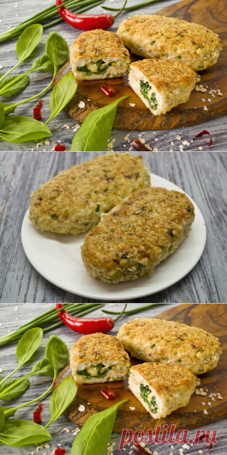 Куриные котлеты из куриной грудки со шпинатом и сыром.
