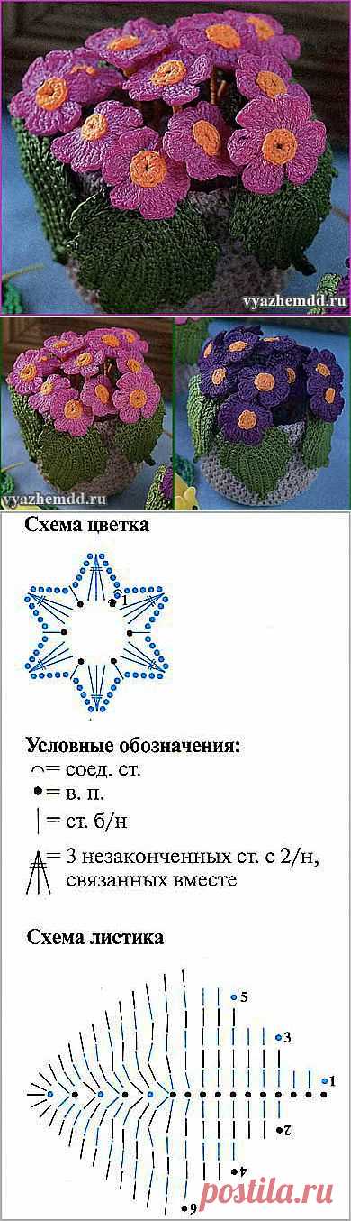 Вязаные крючком цветы в горшках - Примулы | Милые мелочи