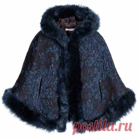 Patachou - Girls Navy Blue Jacquard Cape with Fur Trim | Childrensalon
