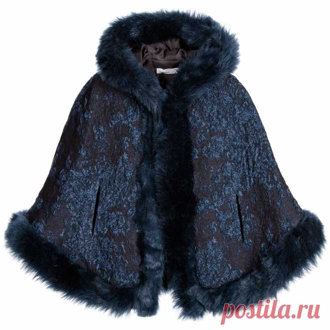 Patachou - Girls Navy Blue Jacquard Cape with Fur Trim | Childrensalon