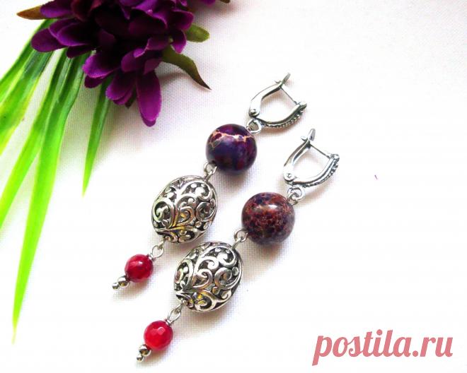 Серьги "Ситцевое настроение". Варисцит, агат. Длина серёг от швенз 5 см. Швензы посеребрённые.