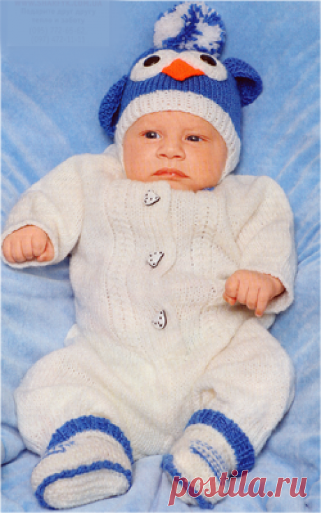 Схема вязания спицами, комплект для новорожденного, комбинезон, шапочка, пинетки