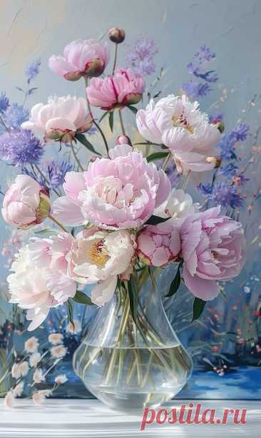 a vase filled with pink and white flowers on top of a table next to a painting