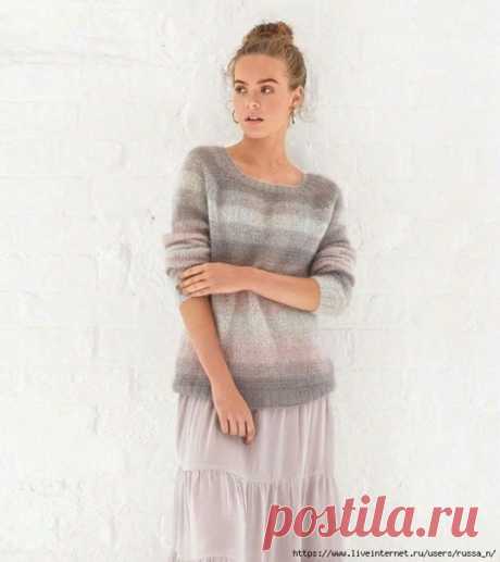 Джемпер из мохера Daze от Ким Харгривз

Размеры XS (S, M, L, XL, XXL).
Окр.груди 81 (86, 91, 97, 102, 109) см.
Джемпер вяжется из тонкого мохера на шелке .
Для создания эффекта градиента, потребуется 3 цвета, которые будут постепенно сменять друг друга, чередуя полосы смешанного и чистого цвета.
