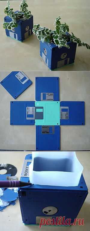 Как сделать цветочный горшок из дискет / KNITLY.com - блог о рукоделии