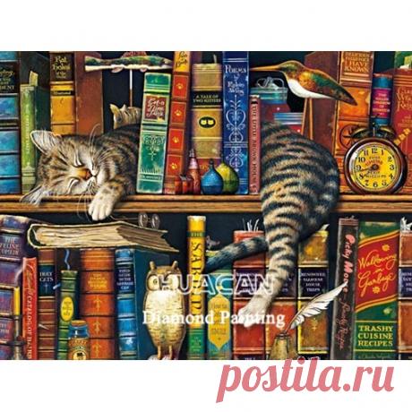 Huacan алмазная вышивка 5д Дом Книжная полка Полная площадь алмазные картины кошка вышивка крестиком декор для дома|Алмазная роспись, вышивка крестом| | АлиЭкспресс