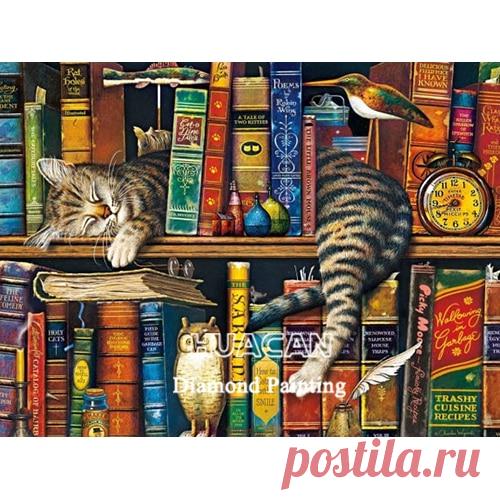 Huacan алмазная вышивка 5д Дом Книжная полка Полная площадь алмазные картины кошка вышивка крестиком декор для дома|Алмазная роспись, вышивка крестом| | АлиЭкспресс