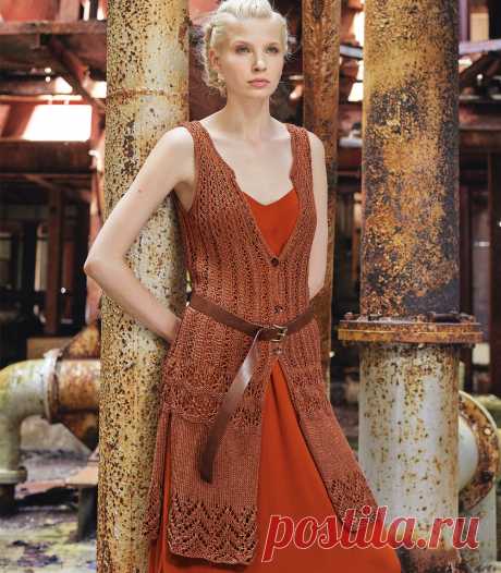 Длинный жилет с ажурными узорами - схема вязания спицами. Вяжем Жилеты на Verena.ru