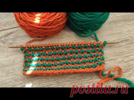 Двухцветный узор горизонтальными дорожками спицами 🐛Two-color knitting pattern
