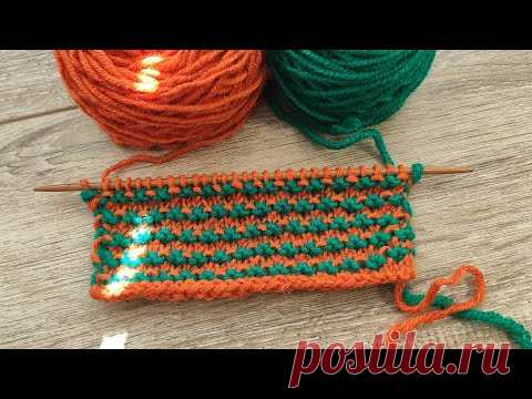 Двухцветный узор горизонтальными дорожками спицами 🐛Two-color knitting pattern