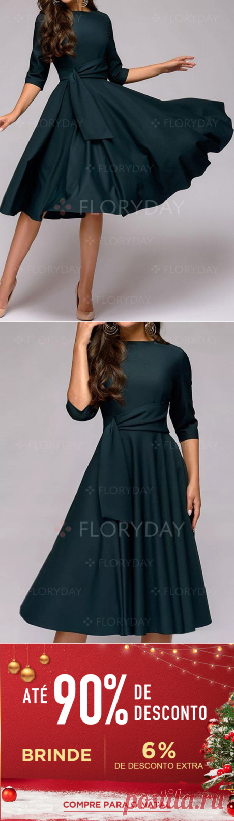 Natal Vestidos Elegante Liso Midi de Manga 3/4 - Floryday