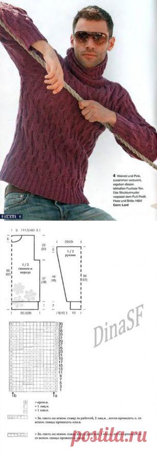 Мужской свитер с горлом: схема вязания спицами и описание