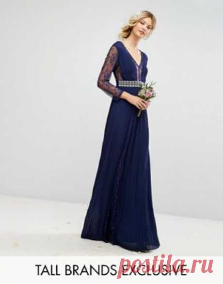 TFNC Tall Pleated Maxi Dress With Long Sleeves And Lace Inserts With Embellished Waist at asos.com Discover Fashion Online
