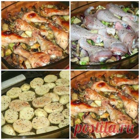 Куриные голени запечённые с грибами и овощами 

Вкусное и сытное блюдо, готовится очень просто, а уж когда ждёшь гостей, то просто палочка-выручалочка! 
При запекании можно использовать не только голени, но и целые окорочка. 

Ингредиенты: 
На 3 порции (да-да на 3, мущщинам досталось по 3 голени, а мне 2=)): ● 8 куриных голеней ● 11 средних шампиньонов ● 13 кочанчиков брюссельской капусты ● 1 крупная красная луковица ● 7 шт небольшого картофеля ● соль, свежемолотая смесь п...