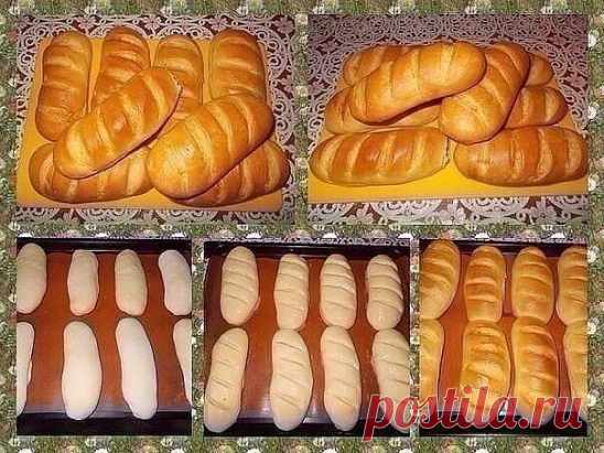 Вкусные домашние батоны — мягкие и воздушные, а корочка батона получилась тонкой и хрустящей. Угощайтесь на здоровье!

Ингредиенты:
250 г муки
6 г сухих дрожжей
4 г соли
30 г сливочного масла масла или маргарина
100 мл молока
50 мл воды
Для смазывания верха:
1 желток
5 г молока.

Приготовление:
1. Смешать все сухие ингредиенты, добавить маргарин, молоко и воду. Замесить тесто.
2. Сформировать шар и в тепло на 90 мин. Обмять и еще 10 минут подождать.
3. Разделить на 5 часте...