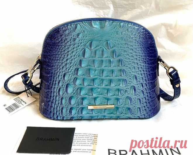 New Brahmin Melbourne SMALL GEORGINA Leather Crossbody Bag • New with Tags • 100% Authentic • Style#: U71170800778 • Embossed Leather with matching trim and gold tone hardware • Adjustable longer leather strap for shoulder or crossbody wear • Color: Affinity Ombré-aquamarine and cerulean blue • Approximate Size: 9.75”L x 7.5”H x 4”D • Zip top closure • Slide pocket on back • Interior zip pocket, slip and pen pocket, and key clip • From a smoke-free and pet-free environment...