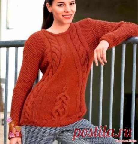 . Пуловер с «косами» и кельтским орнаментом РАЗМЕРЫ 38/40 (42/44)  ВАМ ПОТРЕБУЕТСЯ Пряжа (75% натуральной шерсти, 25% полиакрила; 85 м/50 г) – 500 (550) г светло-коричневой; спицы № 6 и 7; круговые спицы № 6.  УЗОРЫ И СХЕМЫ