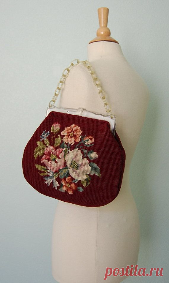 1950s Needlepoint Handbag with Plastic Frame and Handle Great for Spring…