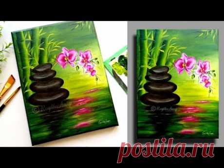 Step by Step acrylic painting on canvas for beginners | Bamboo and Orchids | Reflections - YouTube