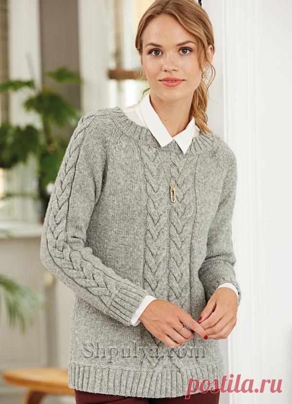 Серый пуловер реглан с косами спицами - SHPULYA.com