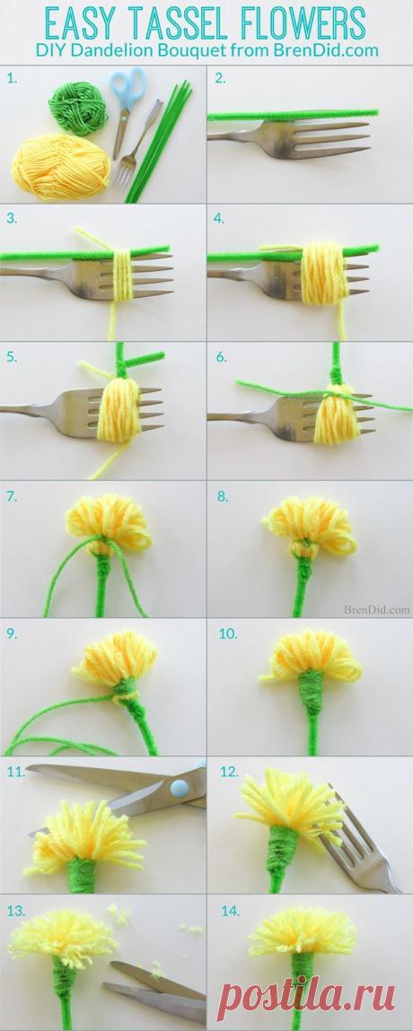 How to make tassel flowers - Make an easy DIY dandelion bouquet with yarn and pipe cleaners to delight someone you love. Perfect for weddings, parties and Mother's Day. #DIY #tassels