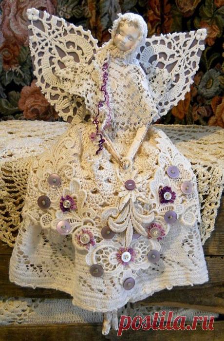 Angel Art Doll, Handmade of Paper Clay, Fabric Body, Vintage Crochet