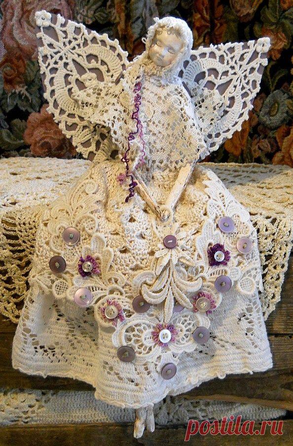 Angel Art Doll, Handmade of Paper Clay, Fabric Body, Vintage Crochet