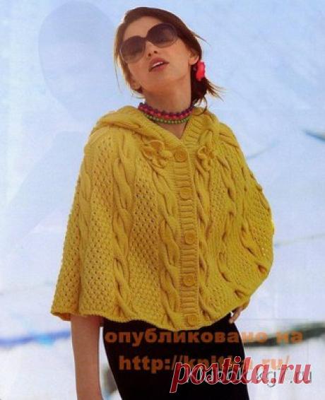 Пелерина с капюшоном спицами 

Размеры: 42(46). 
Материалы: 1000 (1 150) грамм пряжи «Merinos Otto» (100% мериносовая шерсть, 50 грамм = 90 метров), спицы №3.5 и №4, крючок №2. 
Виды вязки: полая резинка, резинка 2?2, лиц. гладь, изн. гладь. 

Коса: 
1, 3, 5, 7, 9 ряд: 11 изн, 8 лиц, 3 изн 
2 ряд и все четные: как смотрит вязка 
11 ряд: 3 изн, отложить 8 п перед работой, 8 лиц, провязать изн отложенные, 3 изн. 
13, 15, 17, 19, 21, 23, 25, 27 ряд: 3 изн, 8 лиц, 11 изн 
29 р...