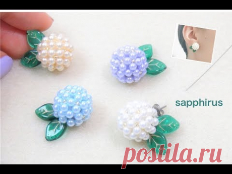 【ハンドメイド】ピアスの作り方　あじさいピアス　ビーズステッチで作るお花のモチーフのアクセサリー 　 Hydrangea　Earrings