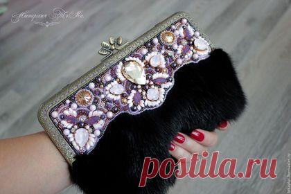 Купить Вечерняя сумочка, Клач из меха норки Гламур - розовый, абстрактный, черный, розово-черный