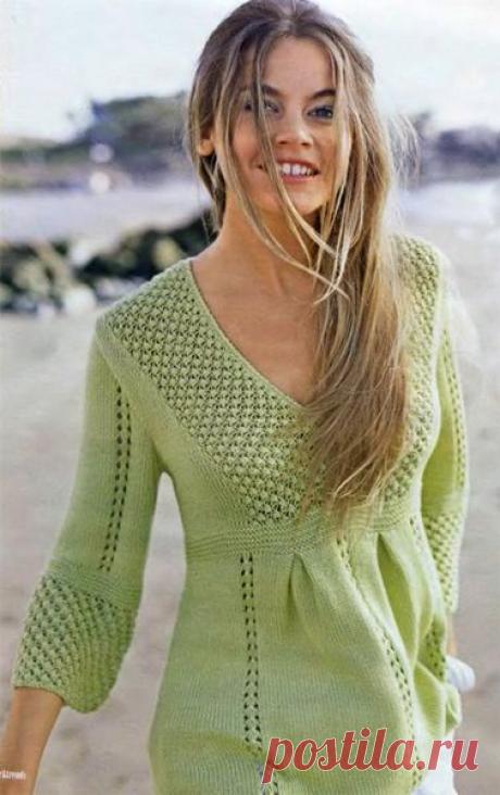 Вязаный пуловер в стиле ампир.Спицы.