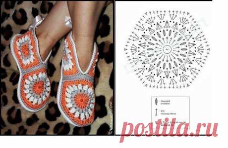 Вяжем тапочки из мотивов. Схемы - запись пользователя Тамара Сергеевна (Тома) в сообществе Вязание крючком в категории Вязаные крючком аксессуары Свяжем тапочки из разных мотивов и бабушкиного квадрата!